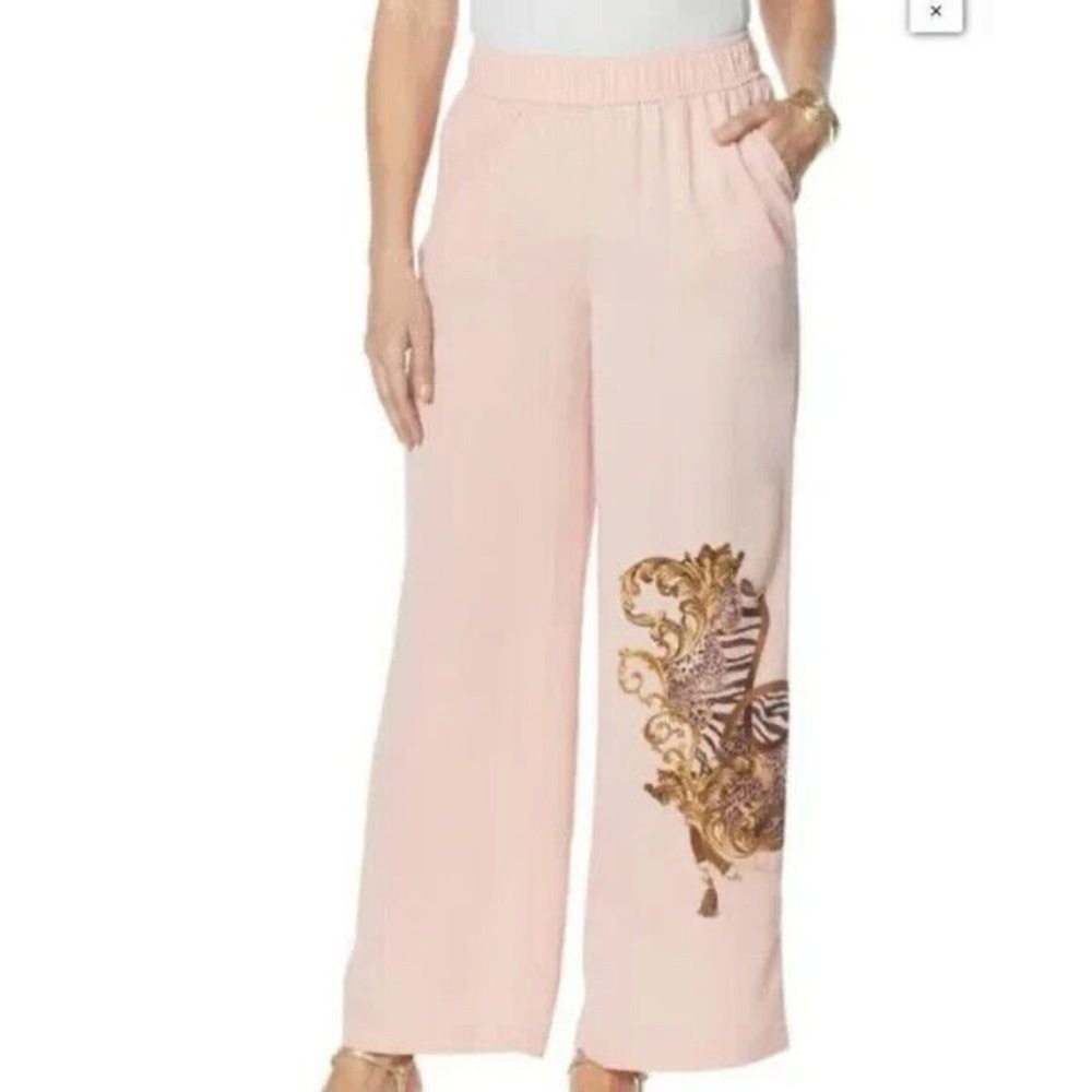 DG2 Diane Gilman Pink Wide Leg Soft Trouser Pull On Pant XS NWT Baroque Print